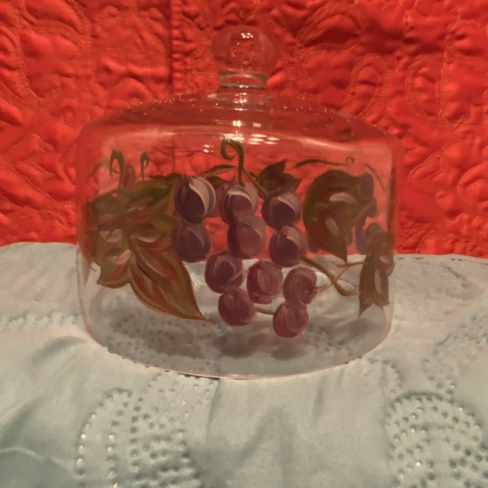 Vintage‎ Clear Glass Round Cheese/butter Cloche Hand Painted Grape Design